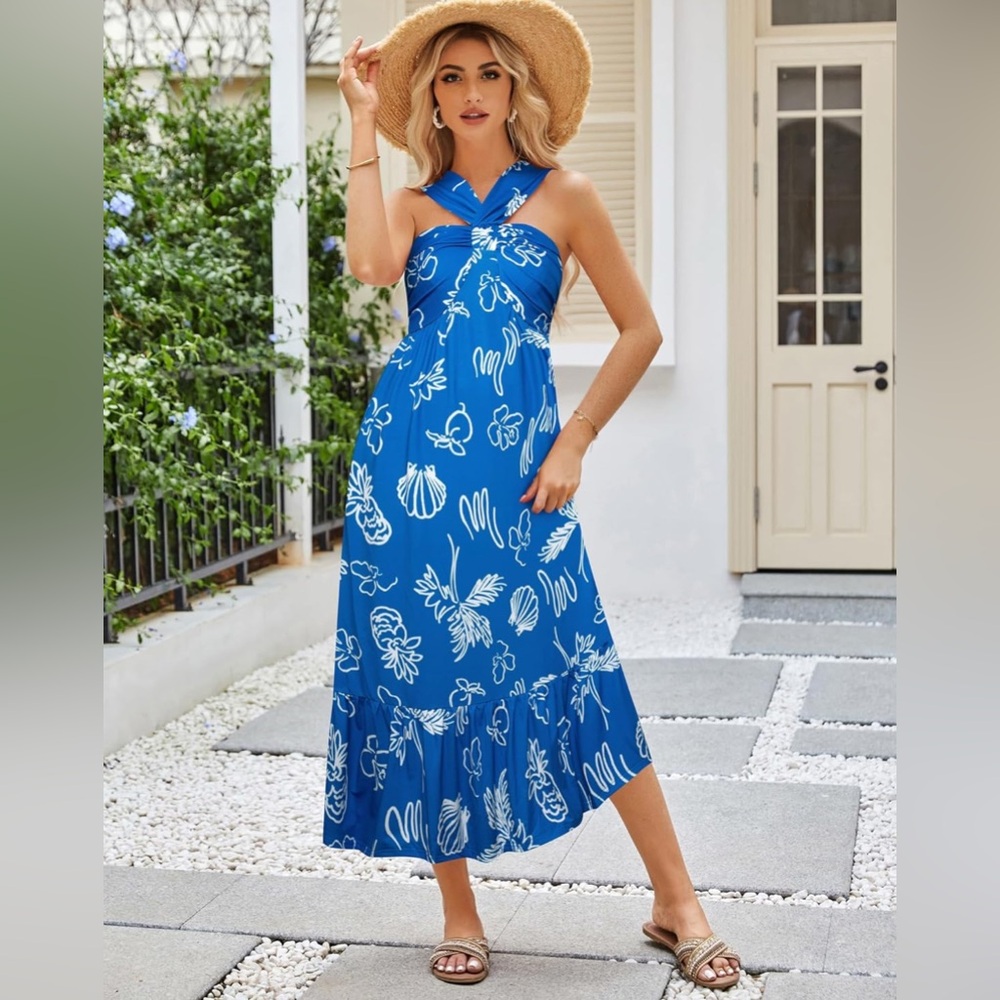 GRACE KARIN 2025 Criss Cross Halterneck Floral Print Flowy A Line Maxi Dress